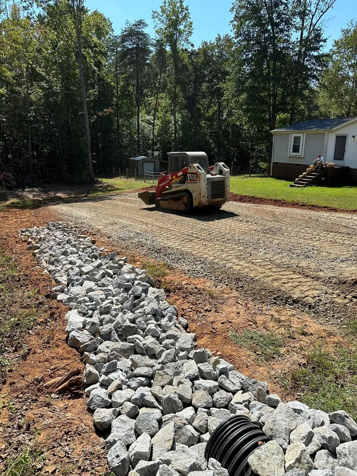 Takeuchi TL12 track loader on finished crusher-run driveway with rip-rap-lined culvert ditch, mobile home