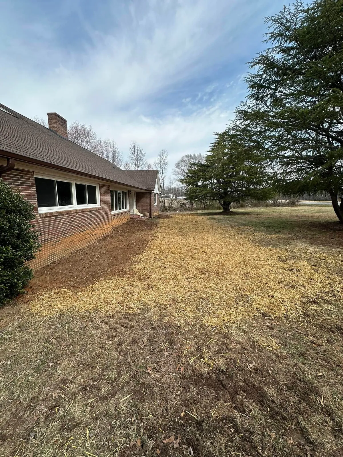 Backfilled drain trench graded and strawed along brick ranch house foundation