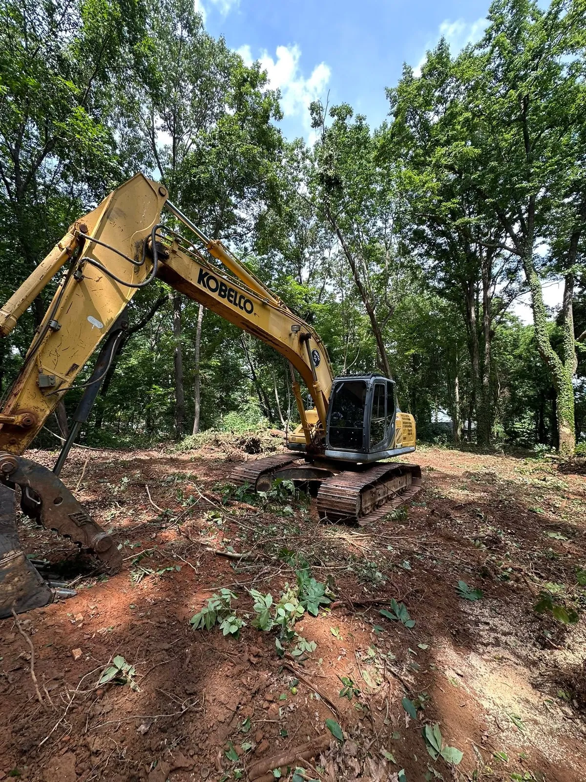 Kobelco excavator on freshly cleared red-dirt lot among hardwoods, brush pushed to edge